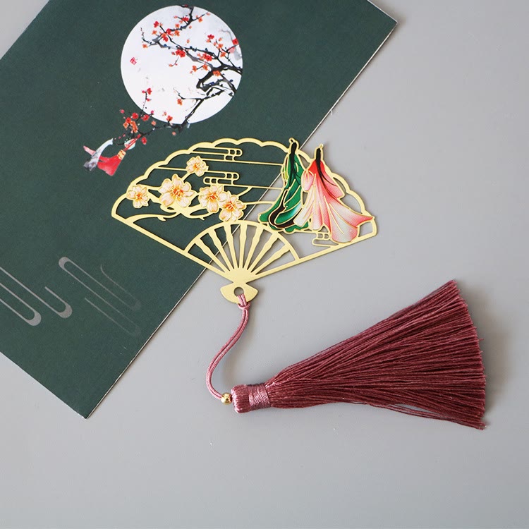 Brass Hollow Fan Bookmark - Floral pattern with robed figures and burgundy tassel, poetic