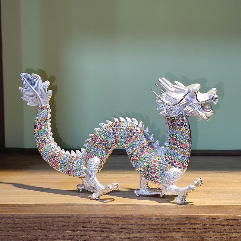 Handmade Feng Shui Dragon Decoration – Silver dragon holding pearl, multicolor crystal body, side profile, Wisdom