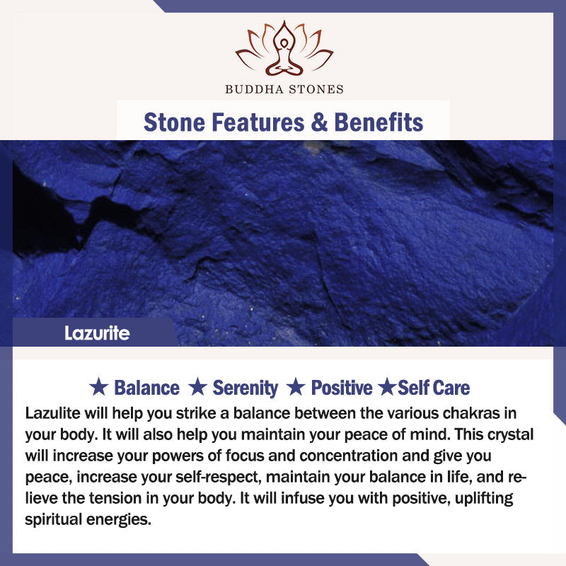 Lazurite lapis lazuli gemstone information card showing blue stones with balance and serenity benefits for Tree of Life bracelet.