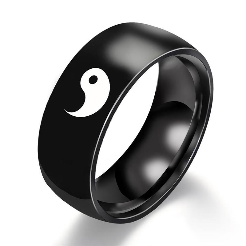Yin Yang Titanium Steel Couple Ring - Black band with white yin-yang symbol engraved, polished titanium steel ring