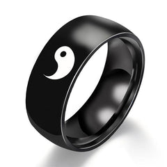 Yin Yang Titanium Steel Couple Ring - Black band with white yin-yang symbol engraved, polished titanium steel ring