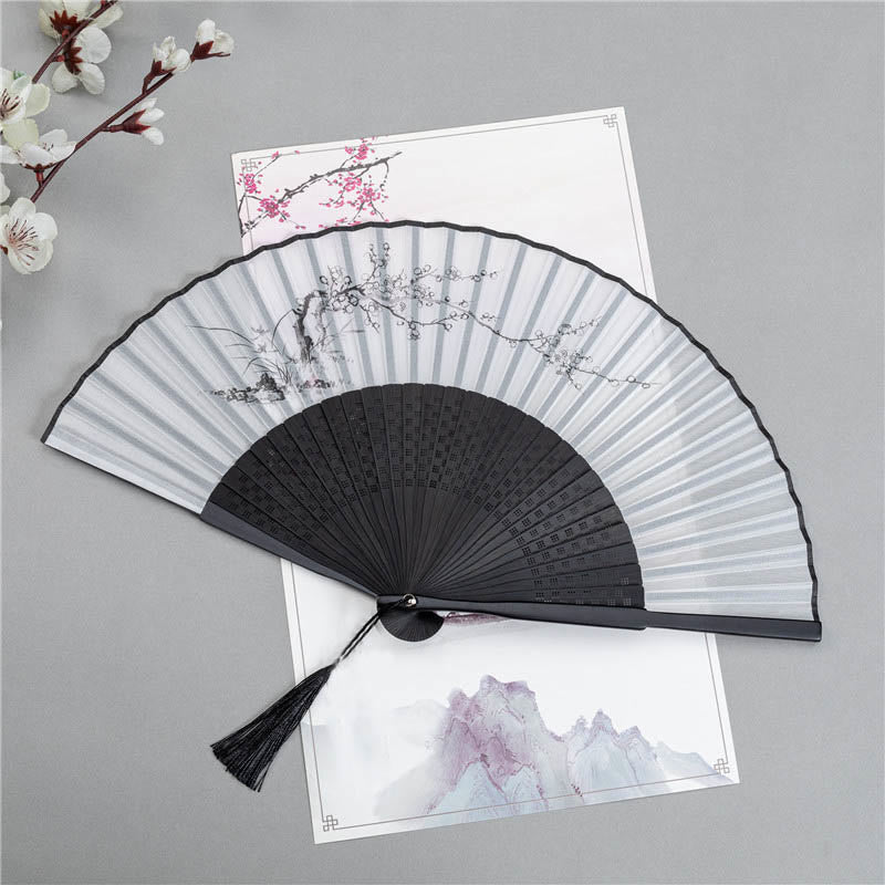 Plum Blossom Ink Fan – Black fan with ink wash plum blossoms on white paper, Chinese folding fan