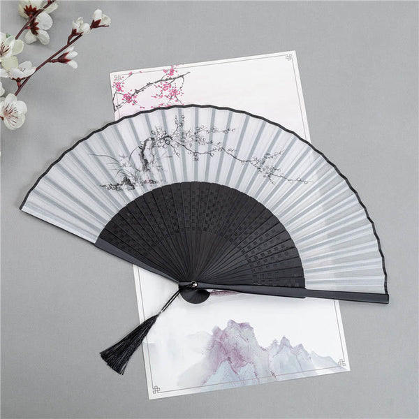 Plum Blossom Ink Fan – Black fan with ink wash plum blossoms on white paper, Chinese folding fan