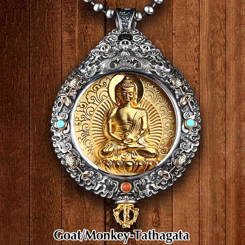 Zodiac Buddha Thangka Wealth Rotatable Pendant – Goat Monkey Tathagata front view on wood backdrop, enlightenment