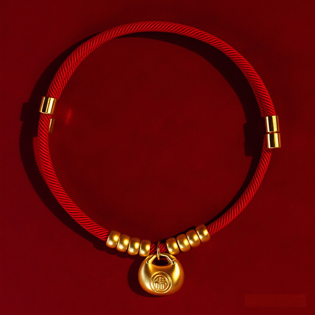 CNY Red Rope Pet Collar – Red rope collar with gold fortune bag pendant and gold bead accents, red background