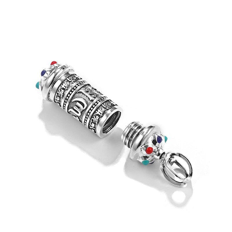 Om Mani Padme Hum Silver Necklace - Opened screw-top prayer box revealing hollow interior, stone inlay locket