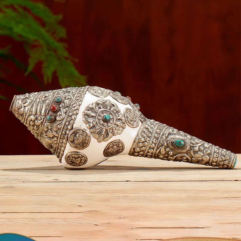 Tibetan Shankha Conch Shell Decoration – Conch on white background, silver overlay, turquoise coral at terminals, Pure