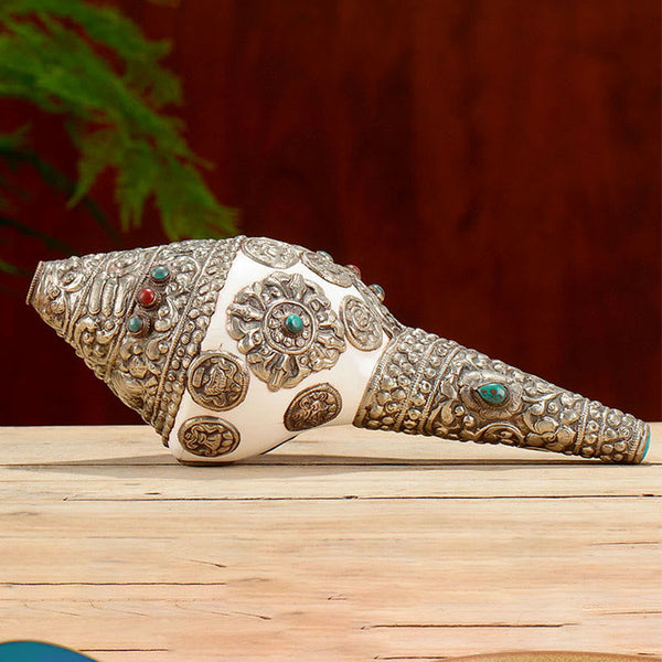 Tibetan Shankha Conch Shell Decoration – Conch on white background, silver overlay, turquoise coral at terminals, Pure