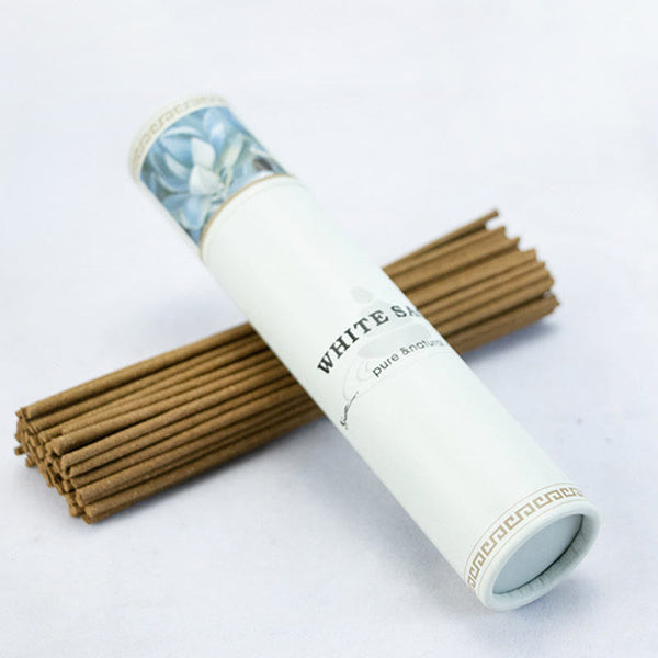 White Sage Incense Sticks - brown sticks with blue floral tube, mindful
