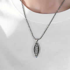 Tibetan Om Mani Padme Hum Pendant Necklace – worn on white t-shirt showing scale, men Buddhist necklace
