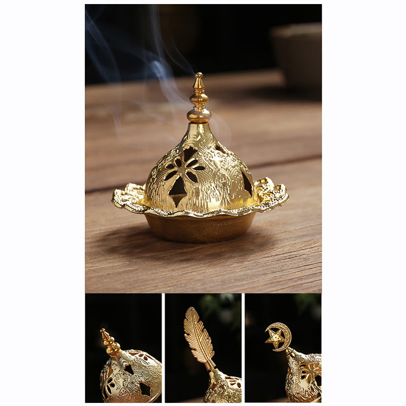 Mini Alloy Incense Burner – gold dome censer with smoke, plus feather and crescent moon finial options