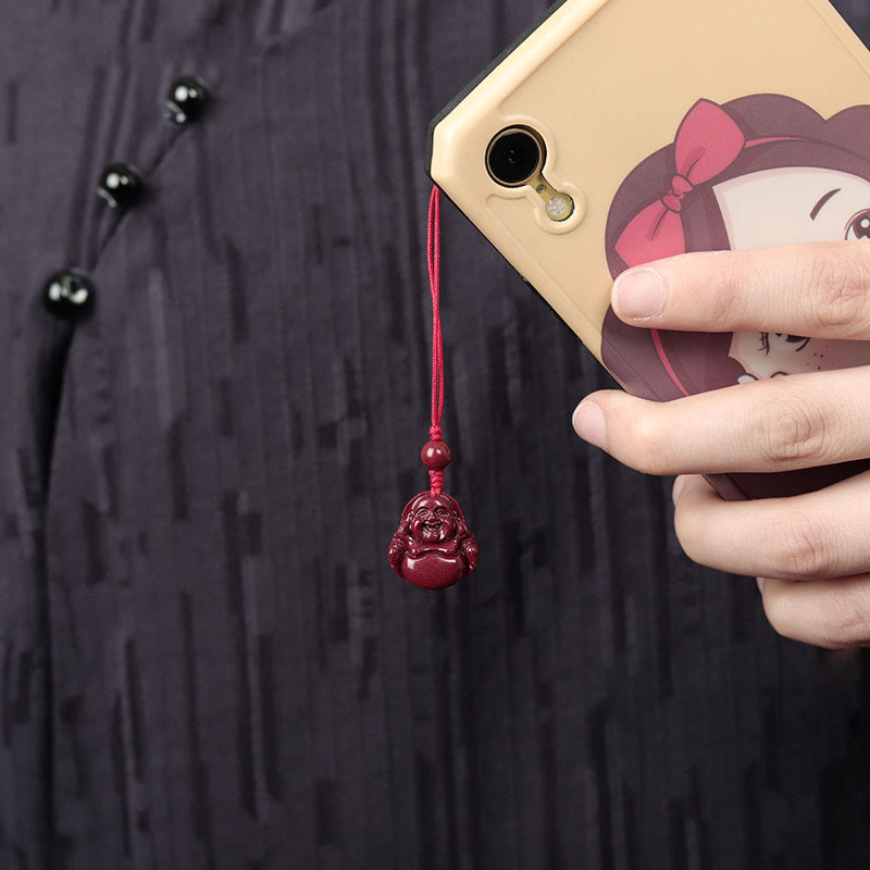 Laughing Buddha Cinnabar Necklace Key Chain Phone Hanging Decoration – deep red gold accents, luxury festive Buddha charm
