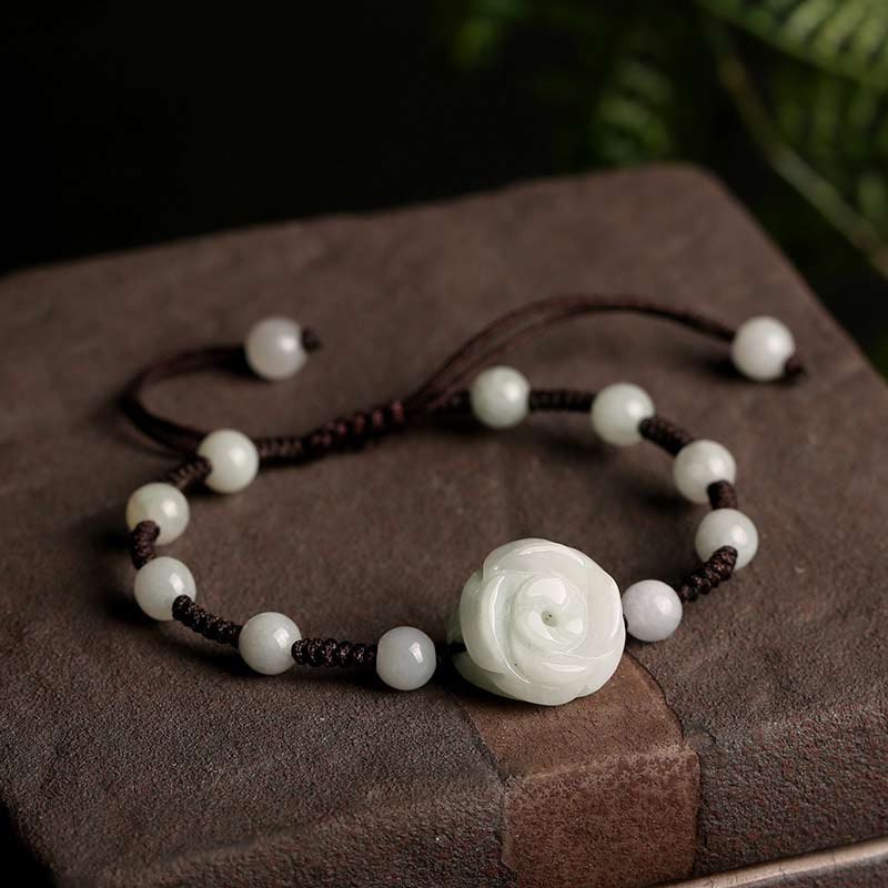 Natural Jade Flower Bracelet – carved jade rose charm brown cord stone, elegant luck accessory