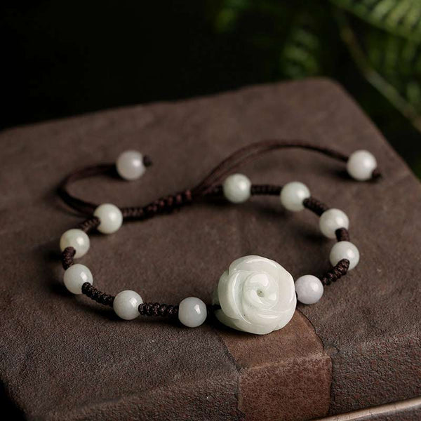 Natural Jade Flower Bracelet – carved jade rose charm brown cord stone, elegant luck accessory