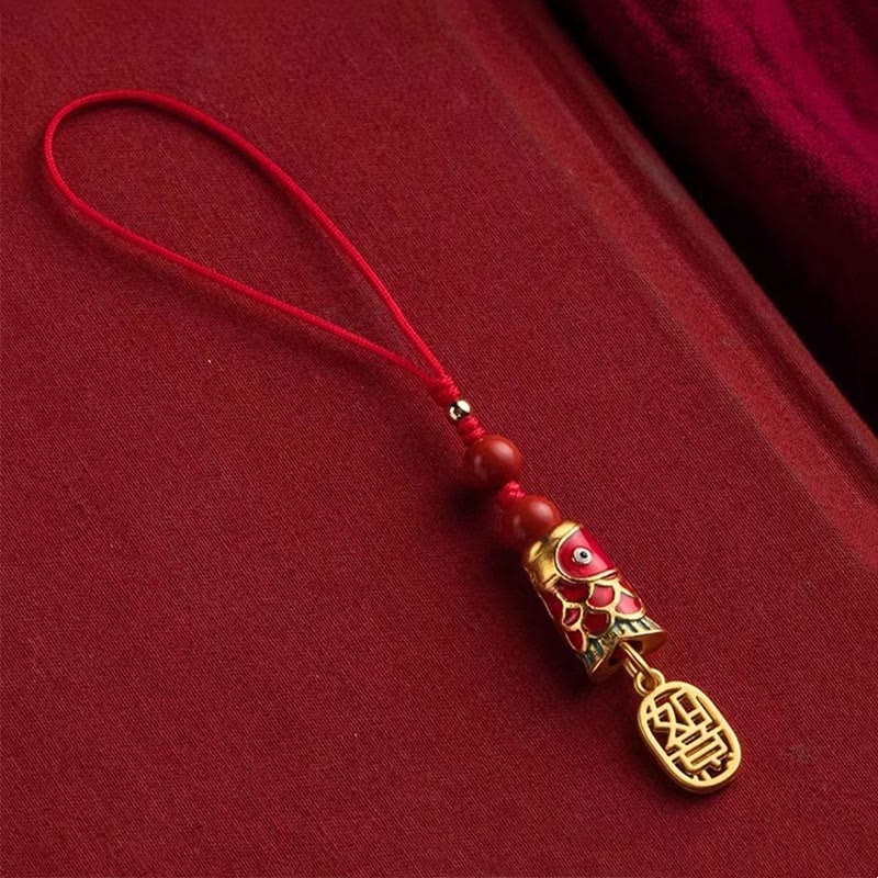 Koi Fish Cinnabar Ruyi Phone Charm – cinnabar koi fish paired with mini ruyi on red string, phone hanging ornament