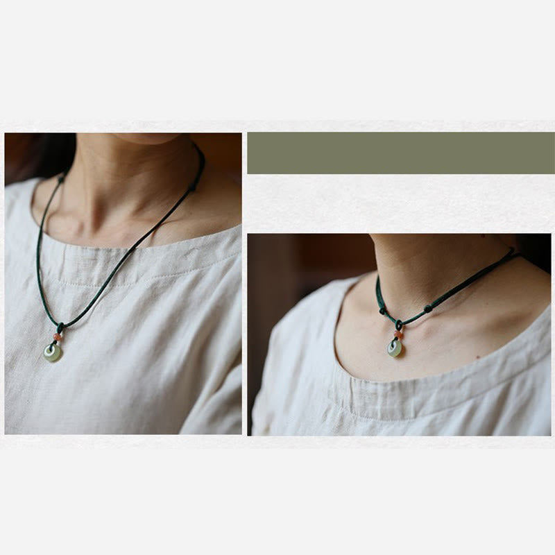 Jade Peace Buckle Lotus Necklace – Two views of adjustable jade pendant necklace worn at different lengths, jade necklace