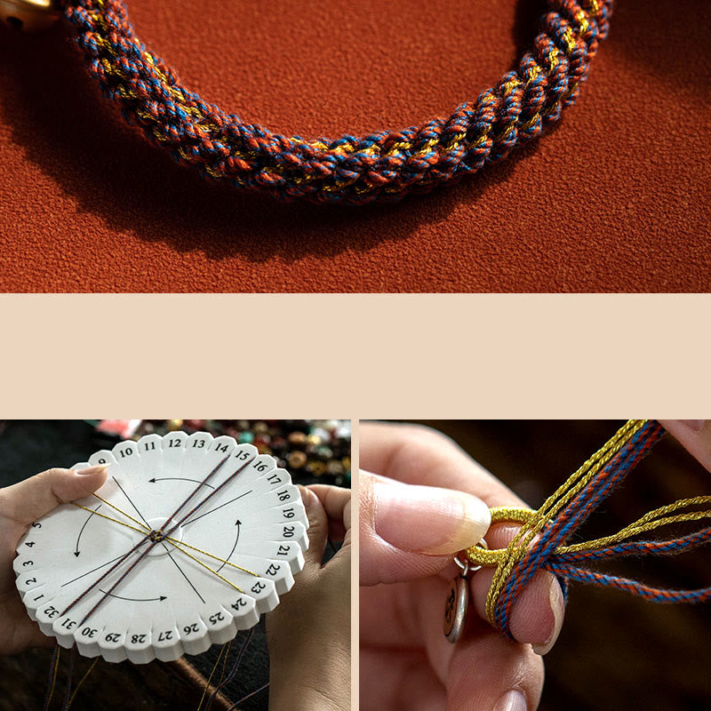 Om Mani Padme Hum Braided Bracelet – Handcrafted kumihimo braiding process showing weaving technique and finished cord