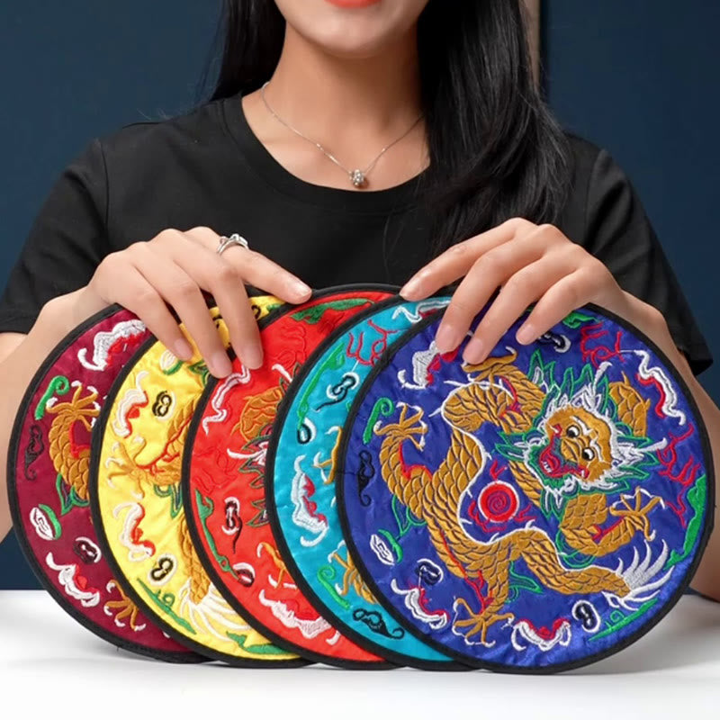 Dragon Embroidery Tea Cup Coaster Mat - five color variants held in hands, golden dragon design, multi-color selection