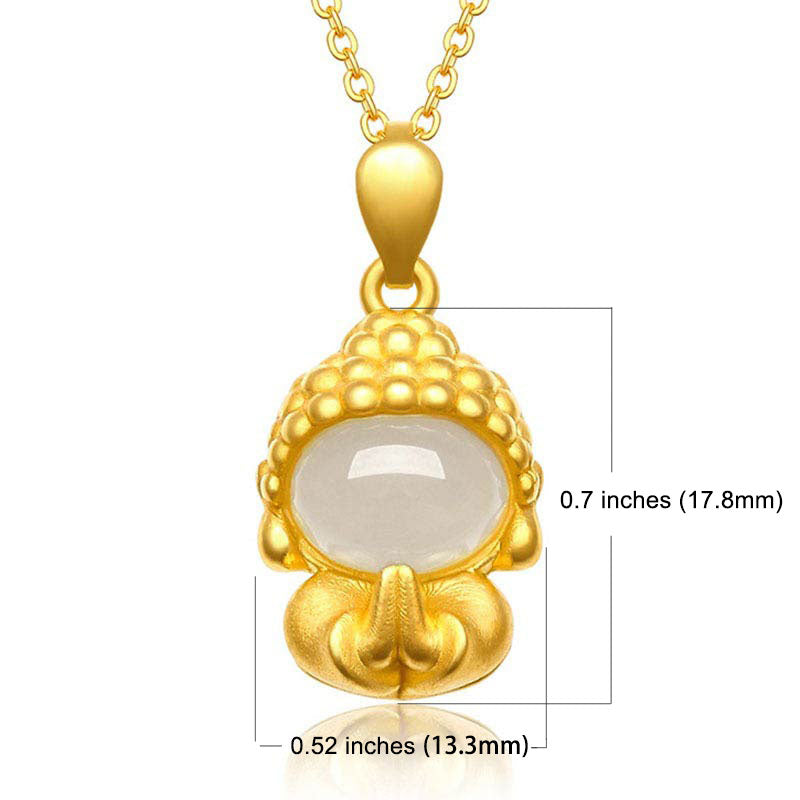White Jade Buddha Success Pendant Necklace – Buddha pendant with white jade face and gold chain, size detail, spiritual gift