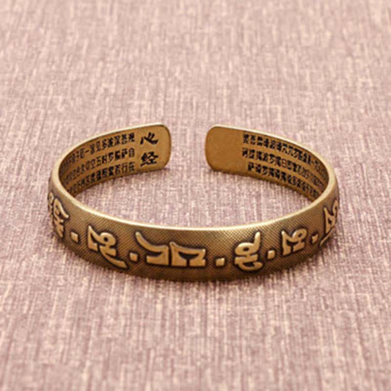 Om Mani Padme Hum Dragon Phoenix Bracelet - Brass cuff with Sanskrit mantra and Heart Sutra text, Spiritual jewelry