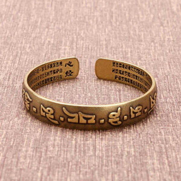 Om Mani Padme Hum Dragon Phoenix Bracelet - Brass cuff with Sanskrit mantra and Heart Sutra text, Spiritual jewelry