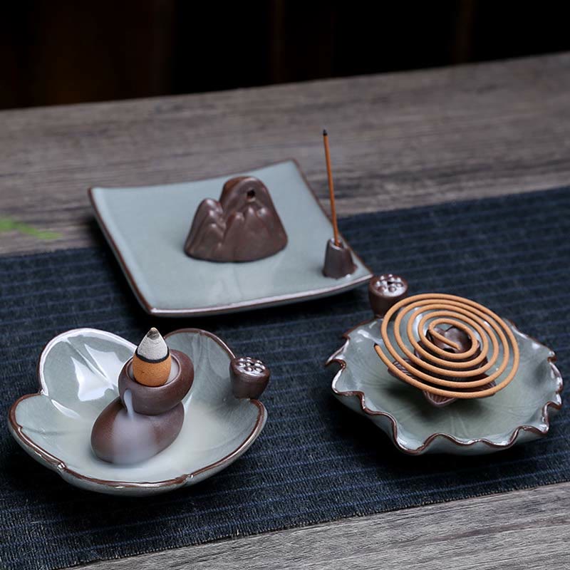 Lotus Ceramic Backflow Incense Burner - three-piece set with snail and flower holders, artisan crafted