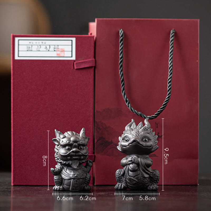 Luck Dragon Purple Clay Tea Pet - creature pair with box and unboxing view