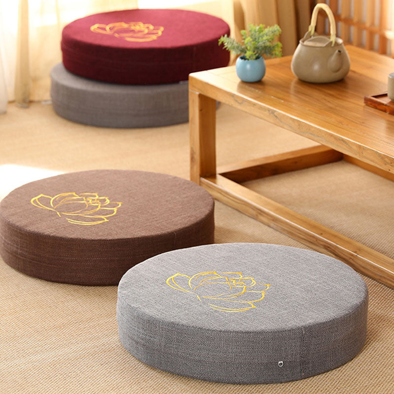 Lotus Meditation Cushion - Four color options around tea table, embroidered lotus floor pillows