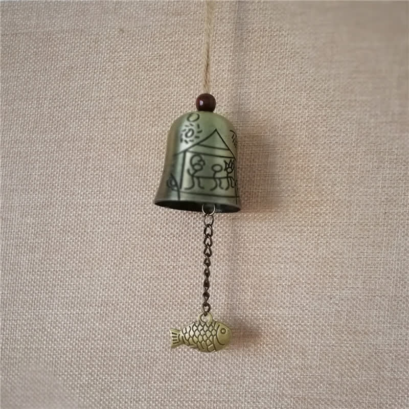 Feng Shui Wind Chime Bell - Cream ceramic bell with hand-drawn folk art house and cats, artisan charm