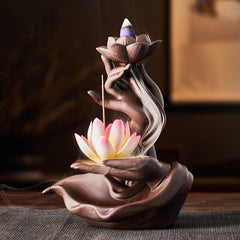 Lotus Bergamot Incense Burner – Mudra hands with lotus in multi-angle studio triptych, mindfulness decor
