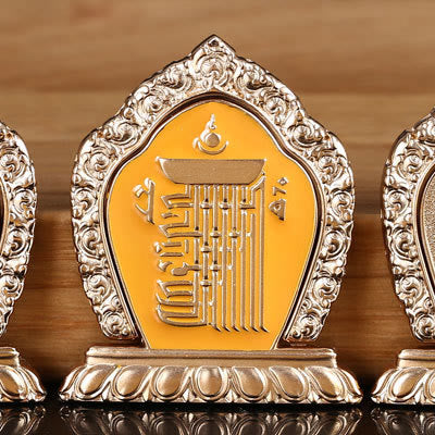 Om Mani Padme Hum Phone Ring Holder – Gold Tibetan Namkha plaque with amber enamel center, altar art