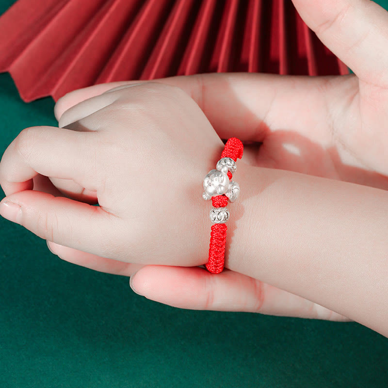 999 Sterling Silver Zodiac Red Rope Kids Bracelet - Pig charm on red cord on baby wrist, protective blessing