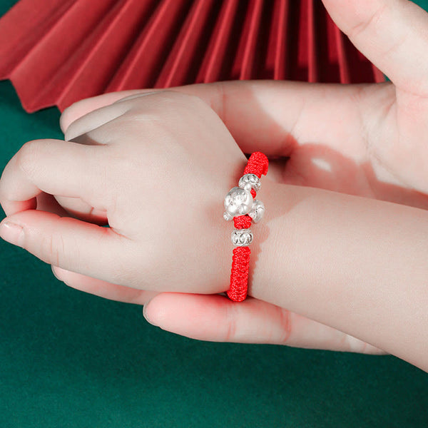 999 Sterling Silver Zodiac Red Rope Kids Bracelet - Pig charm on red cord on baby wrist, protective blessing