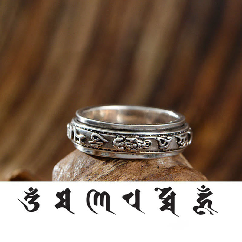 Tibetan PiXiu Ring – On wooden stand with Sanskrit text, Tibetan mantra jewelry
