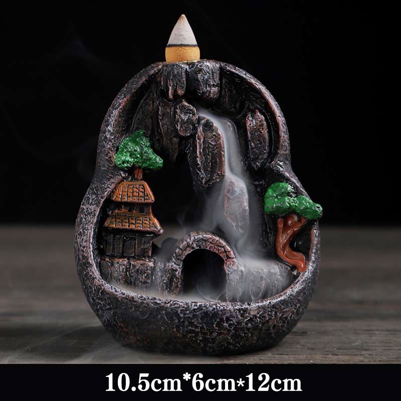 Resin Backflow Incense Burner – Stone grotto with pagoda, trees and smoke waterfall, 10.5 by 6 by 12cm, zen
