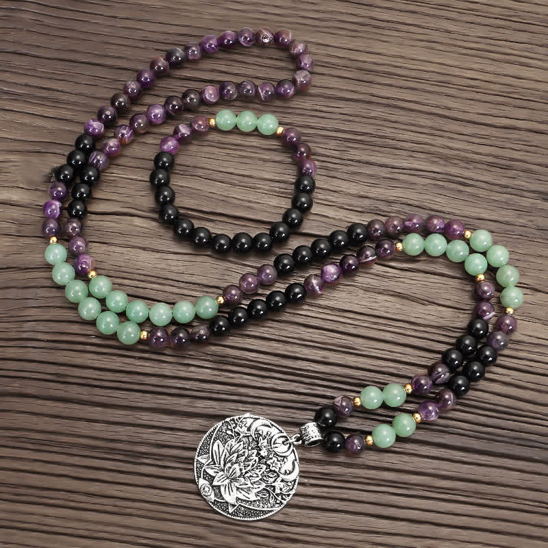 Amethyst Aventurine Lotus Mala - Necklace and matching bracelet set with lotus pendant, gemstone jewelry