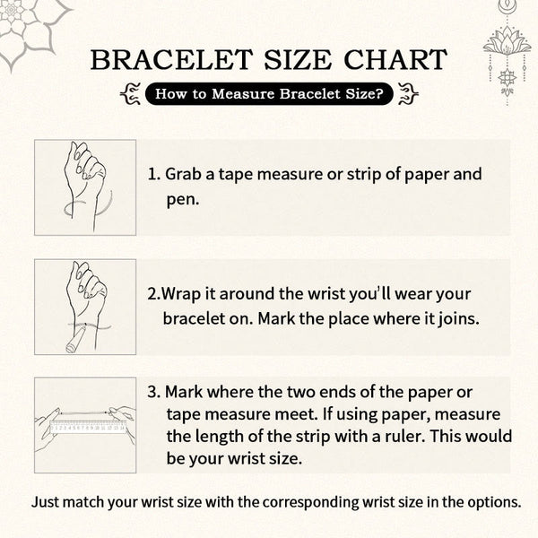 Cinnabar PiXiu Lotus Koi Fish Blessing Braid Bracelet – bracelet size chart measuring guide with three-step wrist measurement instructions