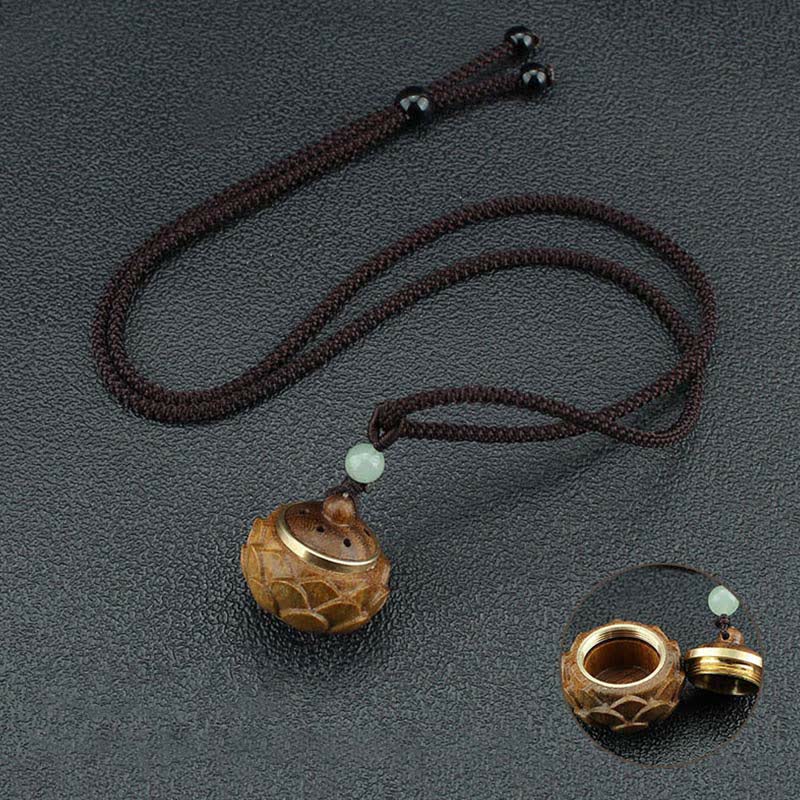 Om Mani Padme Hum Necklace – Lotus pod locket with brass screw lid, jade bead accent, inset shows hollow interior