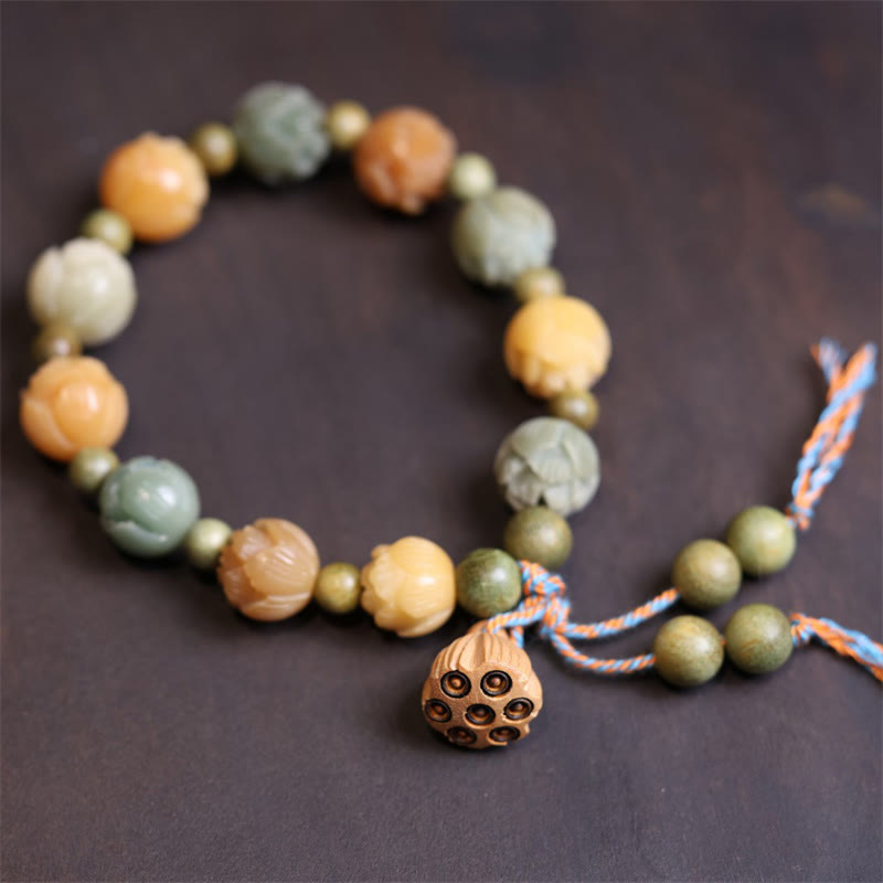 Bodhi Seed Green Sandalwood Lotus Bracelet – sage and honey lotus beads with braided cord, Grounded