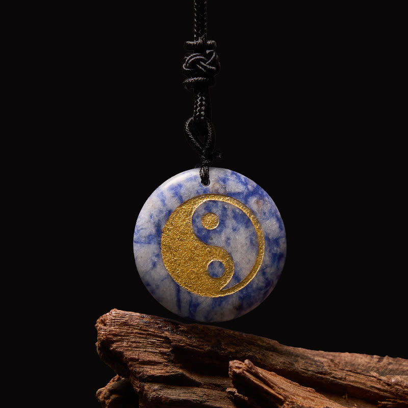 Yin Yang Crystal Necklace – Sodalite stone pendant with gold yin-yang inlay, blue and white marbled natural mineral pattern o