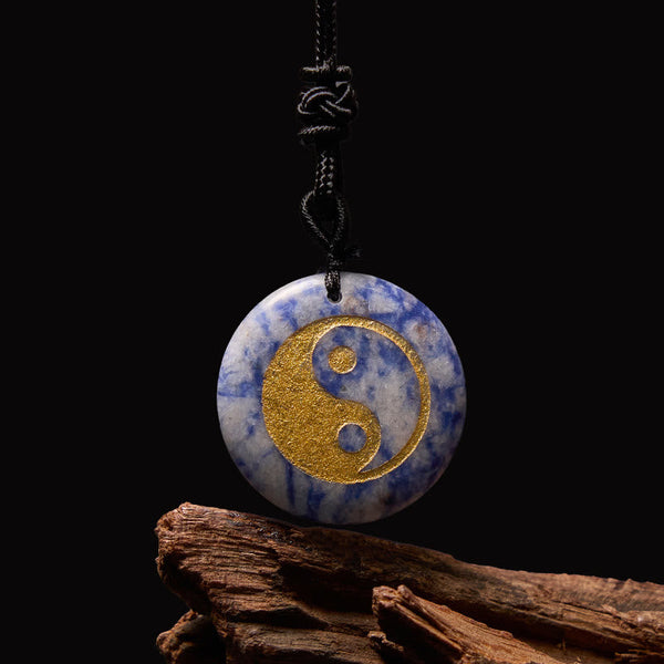 Yin Yang Crystal Necklace – Sodalite stone pendant with gold yin-yang inlay, blue and white marbled natural mineral pattern o