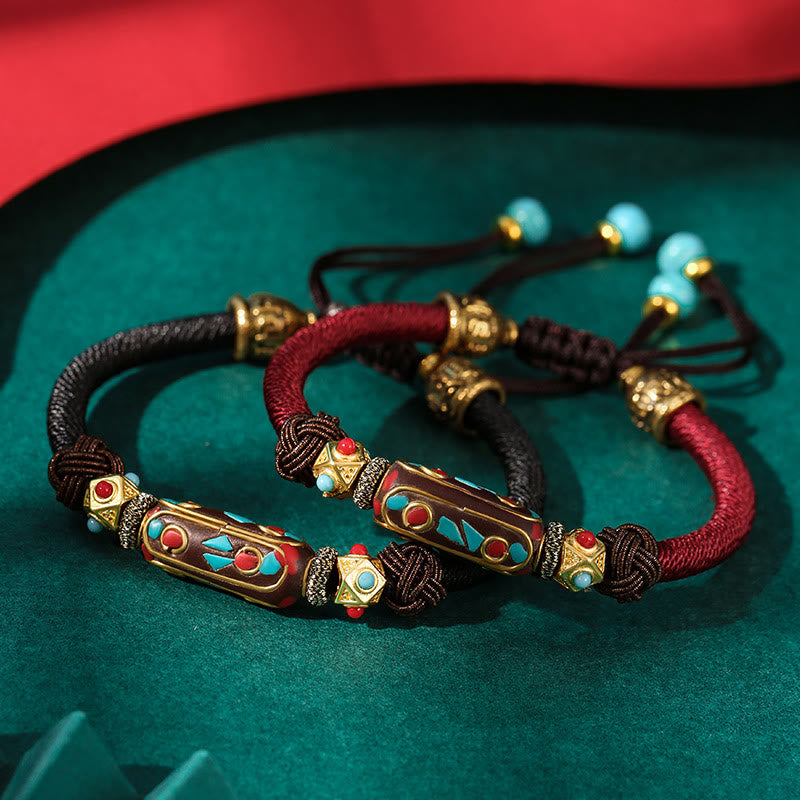 Tibetan Turquoise Om Mani Padme Hum Braided Bracelet – Two cord colors on green velvet with turquoise inlay focal beads