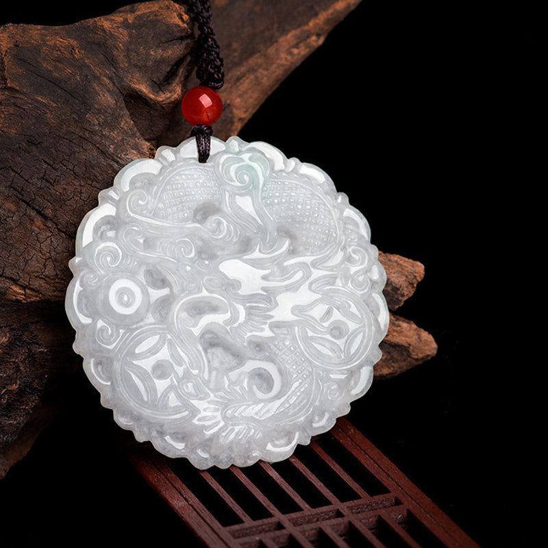 White Jade Dragon Necklace – Carved dragon roundel on weathered wood with translucent glow, Peaceful