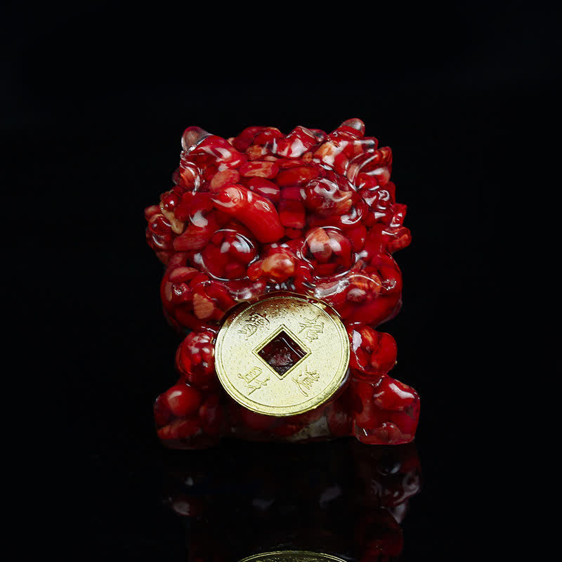 Handmade PiXiu Crystal – Deep red carnelian front view on black, prosperity decor