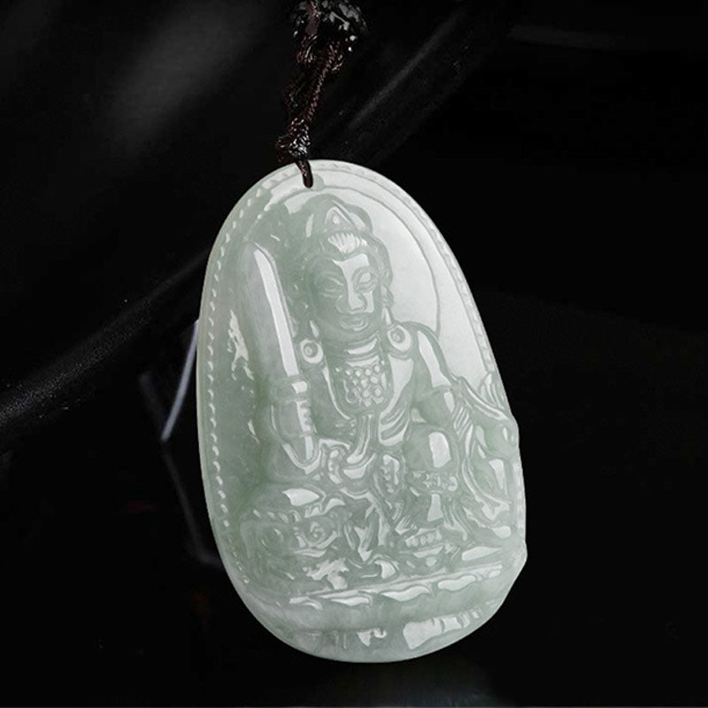 Zodiac Buddha Jade Necklace – model wearing natal Buddha jade necklace, black cord with silver knot detail, closeup