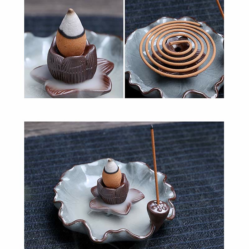 Lotus Ceramic Backflow Incense Burner - three-panel showing cone, coil and stick incense versatility
