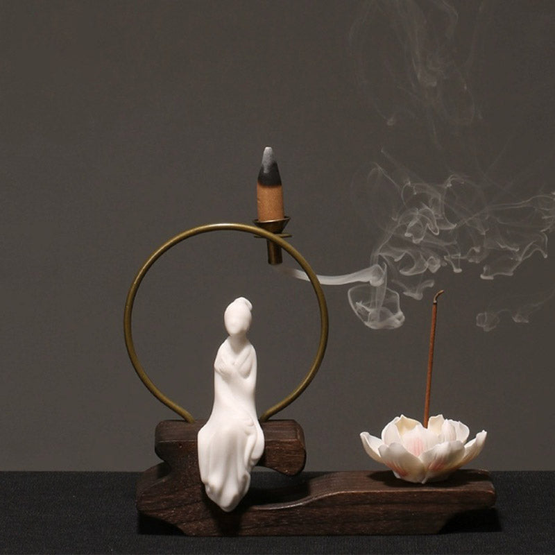 Ceramic Lotus Incense Burner – white monk, brass halo, smoke arc, lotus base, studio