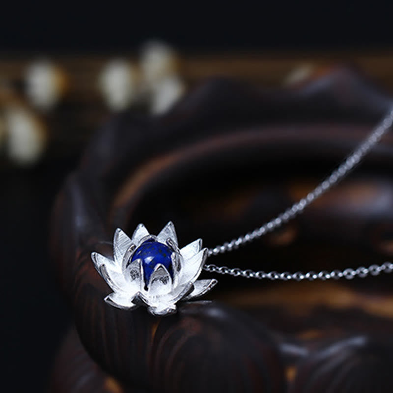Lapis Lazuli Lotus Necklace - sterling silver chain with 925 tag and clasp detail, silver chain necklace