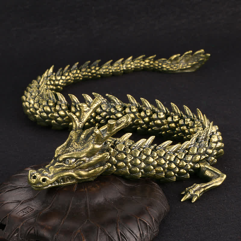 Brass Copper Dragon Statue – full view of articulated dragon coiled on dark base, Wealth
