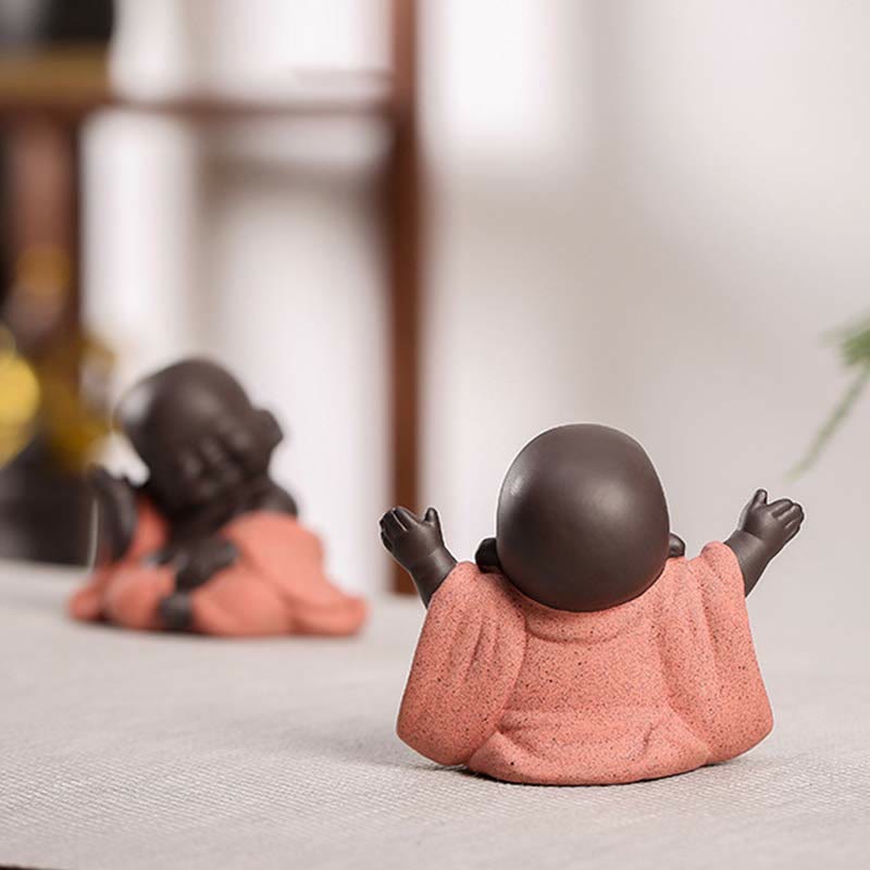 Laughing Buddha Purple Clay Maitreya Statue – elevated angle revealing top of head and crossed feet, 7.7x5.1x6.2cm dimensions, sculptural detail shot